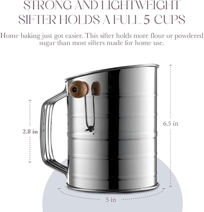 Bellemain 5 Cup Flour Sifter for Baking Fine Mesh Rotary Hand Crank with Loop Agitator for Quick Sifting, Flour Sifter Stainlees Steel
