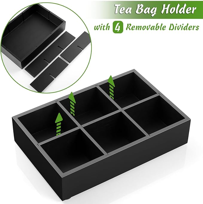 DRASTAR Tea Bag Organizer, Tea Bag Drawer Organizer, Wooden Tea Bag Holder, Tea Chest with 6 Compartments, Tea Organizer Storage Box, Tea Caddy for Tea Bags Organizer, Black