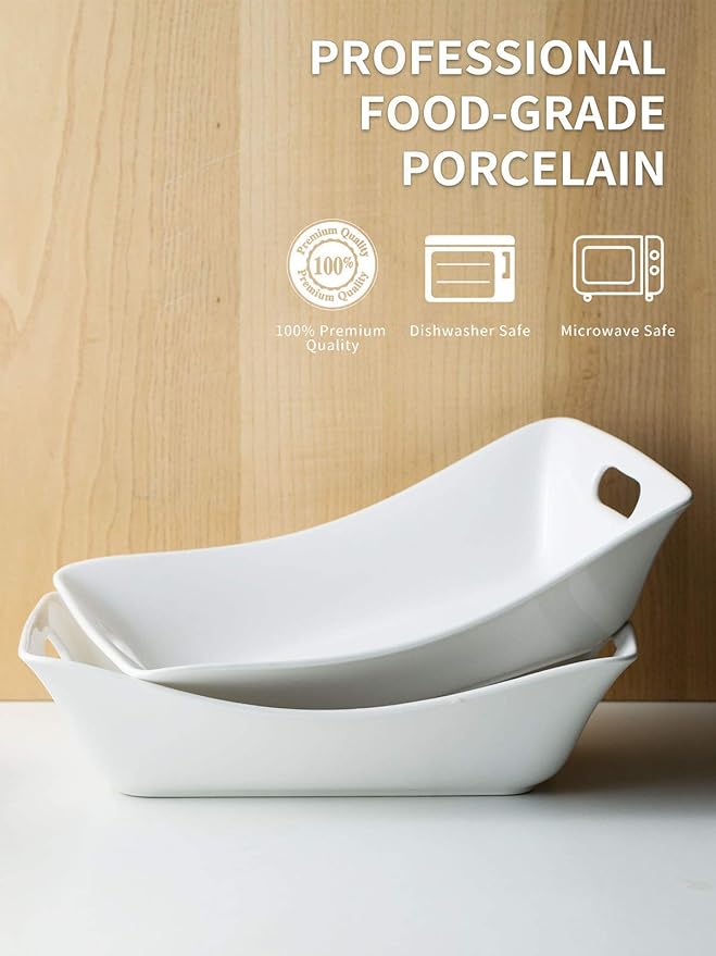 YHOSSEUN Large Serving Bowls with Handles White Serving Dishes For Entertaining, 1.5 Quarts Ceramic Bowl Set Rectangle Serving Platter for Thanksgiving, 2 Pack