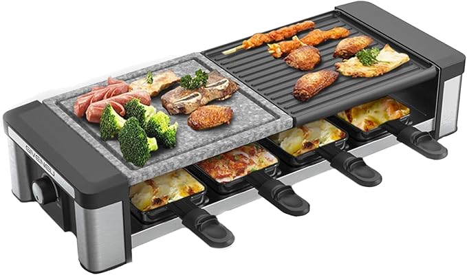 GIVENEU Raclette Grill 8 Person, 1200W Electric Indoor Table Grill with Natural Stone & Reversible Non-Stick Plate, 3-in-1 Korean BBQ Cheese Melter for Winter Family Parties & Holiday Gatherings