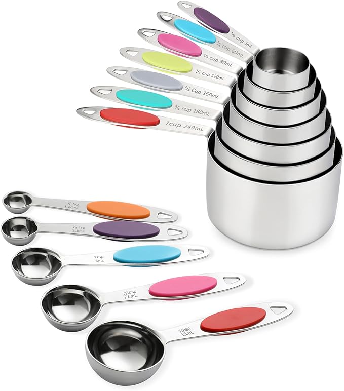 Magnetic Measuring Cups and Spoons Set, 12 Piece Stainless Steel Measuring Cups and Spoons Set, Nesting Kitchen Gadgets with Removable Clasp for Cooking & Baking (Colorful)