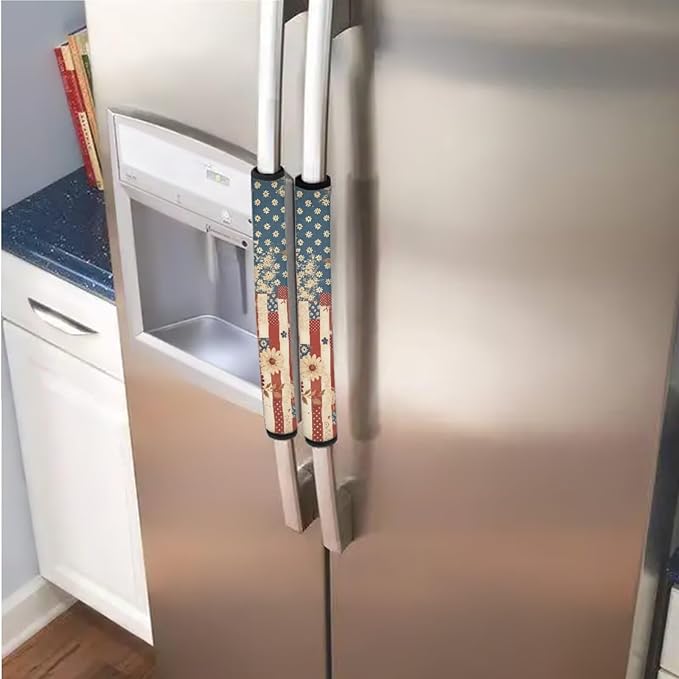 6 Pcs Refrigerator Microwave Door Handle Covers for Independence Day Decor Electrical Appliances Handle Protector for 4th of July, Fingerprints, Liquids, Retro American Flag Daisy