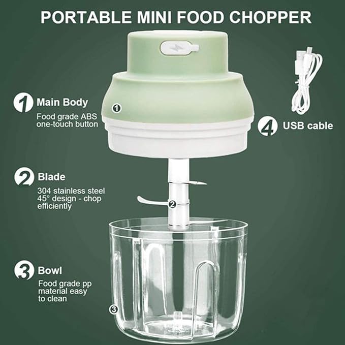 Electric Mini Garlic Chopper, USB Charging Cordless Food Processor, Mini Portable Veggie Chopper for Ginger, Chili, Fruit, Meat, Garlic Grinder Masher with 3 Blades(Green)