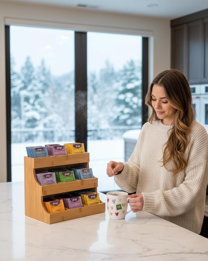 Theodore Tea Bag Organizer – Wooden Tea Organizer and Storage for Home, Kitchen, Office – 180 Tea Bag Holder - Vertical Display Tea Box. Also for Coffee Pods, Sugar, Sweeteners and Creamers.