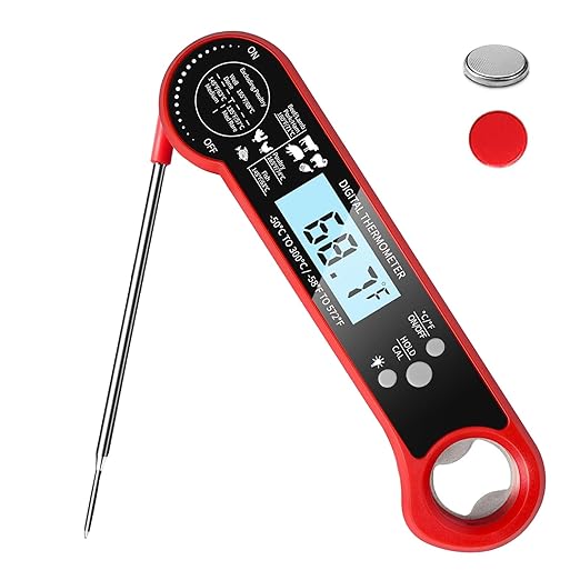 Digital Meat Thermometer for Grill, Instant Read Food Thermometer with Waterproof, Auto-Rotating Backlit Display, Calibration, Foldable Probe