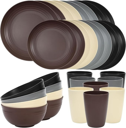 Quatish 32 Piece Plates and Bowls Sets for 8, Unbreakable Dinnerware Sets, Dish Set for Camping, Dishwasher Microwave Safe, Outdoor Kitchen and Apartment Dinning RV Essentials, Brown
