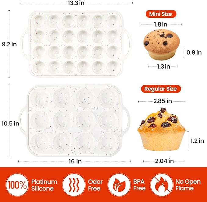 CAKETIME Silicone Muffin Pans for Baking, Metal Reinforced Frame Regular 12 Cups & Mini 24 Cups Cupcake Pan Set Nonstick Muffin Pan for Homemade Baking Easy to Handle
