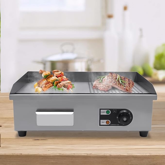 Commercial Flat Top Grill, 22" Extra Large Commercial Electric Griddle, 1600W high working power Tabletop Flat Top Grill Indoor for BBQ Pancake Chicken, Adjustable Temperature 122℉-572℉
