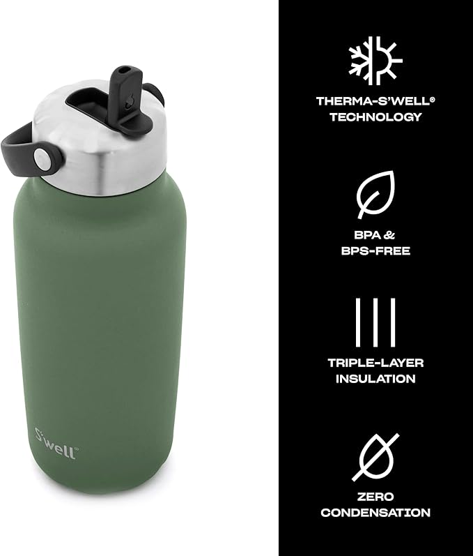 S'well Recycled Stainless Steel Explorer with Flip Straw Lid, 32oz, Green Jasper, Triple Layered Vacuum Insulated Containers Keeps Drinks Cold for 42 Hours and Hot for 10