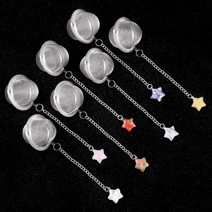 5 Pcs Tea Filter Stainless Steel with Star Crystal Energy Stone Tea Strainers with Fine Mesh Extend Chain Hook Tea Ball Infuser for Loose Tea Leaves Spices Seasonings