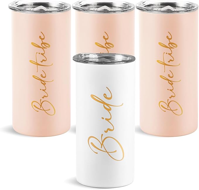 Bride Tribe Gifts Set of 4 Cups Bachelorette Party Favors Wedding Gifts for Bridesmaid Bride Stainless Steel Skinny Tumbler with Lid and Straw 15 OZ Pink