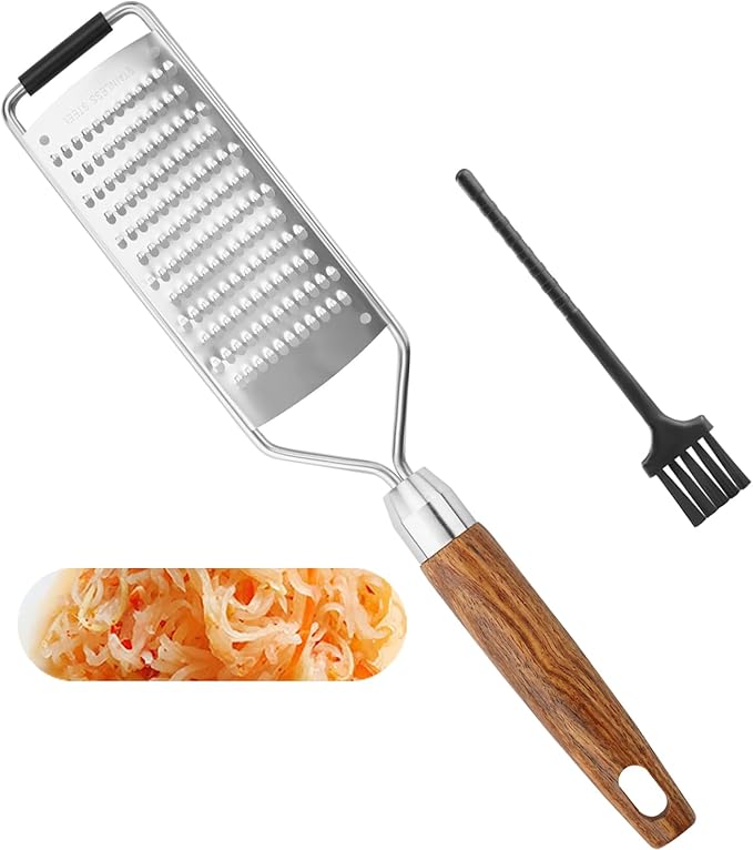 SHIKORI Stainless Steel Cheese Grater with Natural Wood Handle for Parmesan Cheese Lemon, Ginger, Cheese, Nutmeg, Potato, Chocolate and Garlic, With Protective Cover-Round Hole