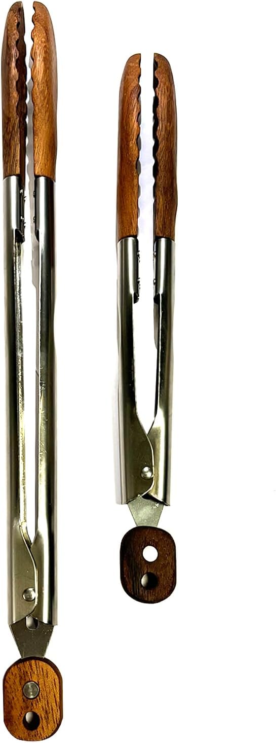 Lee's Clover Wooden Tongs for Cooking with Walnut Wood Tips & Stainless Steel Handle – Food & Kitchen Tongs for Serving, Salad, BBQ, Buffet, Grill (Small)