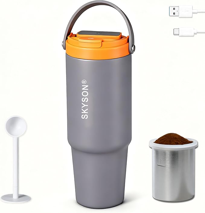 minkah Fast Extraction Mini Electric Coffee Maker - Portable Filter Coffee Brewer for Travel,Insulated Stainless Steel Tumbler,30 oz Reusable Iced Coffee Cup Machine,Hot Coffee Mug with Lid (Grey)