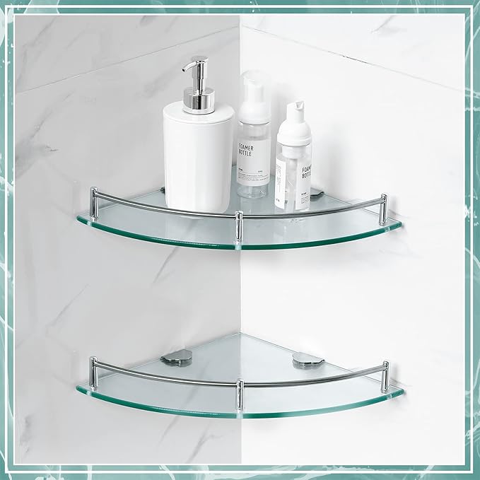 Crowye 4 Pcs Corner Shower Shelf 2-tier Glass Corner Shelf Stainless Steel Wall Mounted Bathroom Organizer for Storing Shower Gel Shampoo Brush, 9.25 Inches (Silver)