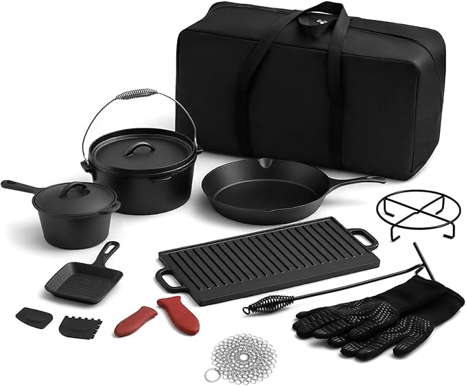 Geetery 15 Pcs Pre-seasoned Cast Iron Cookware Set, Dutch Oven Camping Accessories Kit with Skillet, Pan, Pot, Gloves, Lid Lifter, Storage Bag, Scrubber for Kitchen Ourdoor Campfire Grill BBQ Cookware