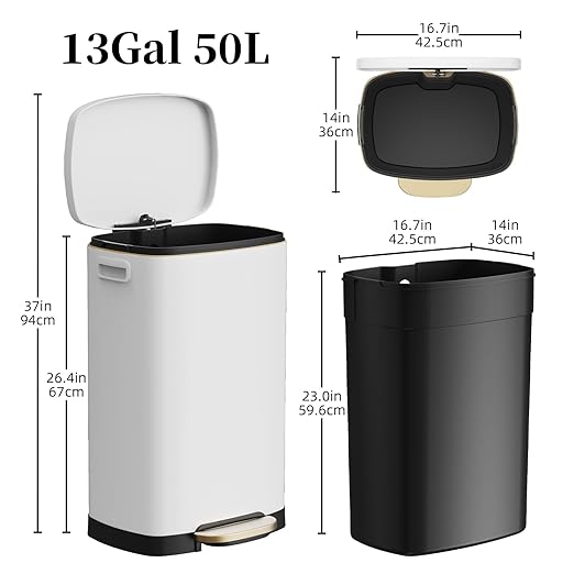 KdbK 13 Gallon Trash Can with Lid, 50L Fingerprint Proof Stainless Steel Kitchen Trash Can with Removable Inner Bucket and Lid Soft Close, Pedal Rubbish Bin for Home Office, White