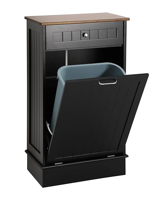 KIGOTY Tilt Out Trash Can Cabinet Trash Bin Cabinet with Hideaway Drawer Hidden Wooden Kitchen Garbage Can, Pet Proof Trash Can Holder for Kitchen (Black)