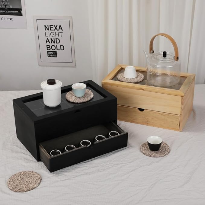 Tea Bag organizer Storage Box with Drawer Tea Organizers with Clear Acrylic Window Wooden Tea Box for Countertop with 8 Compartments Teabag Holder with 4 Cotton Woven Coasters（WBlack02）