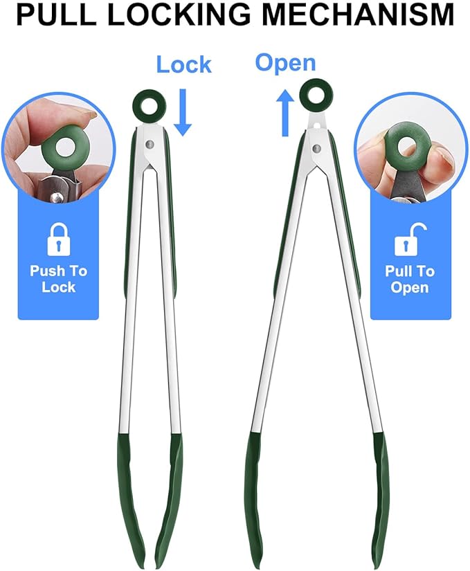 600ºF Heat Resistant Kitchen Tongs, Premium Locking Cooking Tongs with Silicone Tips, Non-Slip Food Tongs for Cooking, Non-Stick, Heavy Duty Stainless Steel Handle, Set of 3-7" 9" and 12" Turquoise