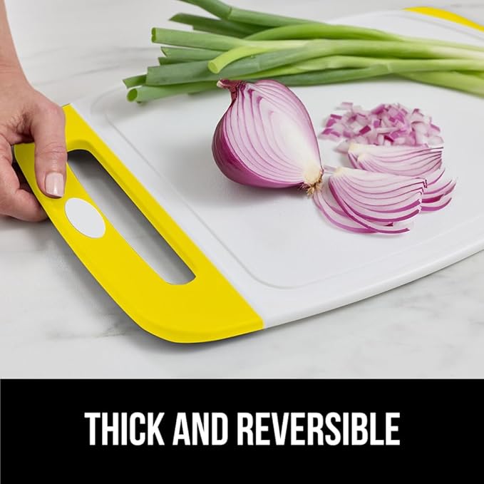 GORILLA GRIP BPA-Free Reversible Kitchen Cutting Board Set of 3, US Designed, Nonporous, Juice Grooves Catch Liquid, Slip Resistant Border, Dishwasher Safe, Durable Large Food Chopping Boards, Yellow