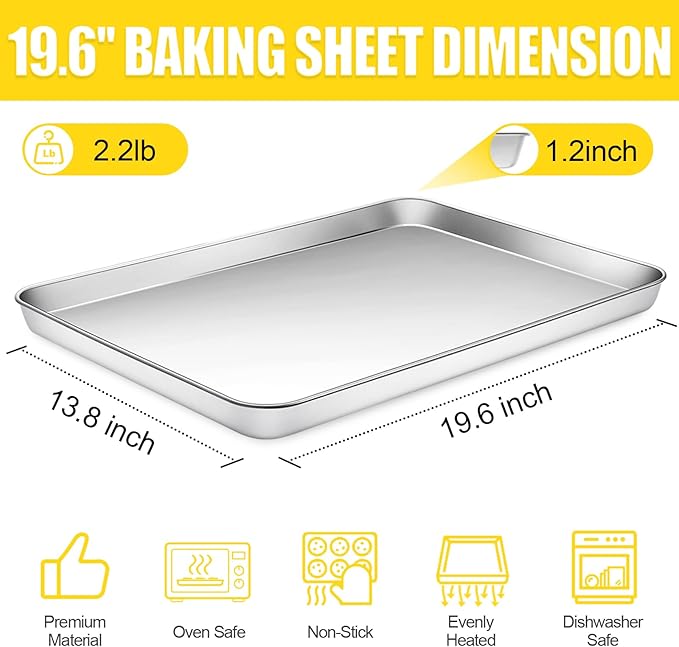 Terlulu Baking Sheet, Cookie Sheet, Stainless Steel Baking Pan, 2 Piece-19.6''x 13.8'' x 1.2'', Large Sheet Pan for Oven, Baking Tray for Baking&Roasting, Nonstick&Nontoxic&Easy Clean
