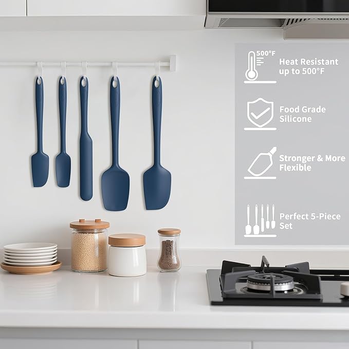 Coukre Silicone Spatula Set of 5,High Temperature Resistant, Food Grade Silicone, Dishwasher Safe, for Baking, Cooking (Pure Dark Blue)