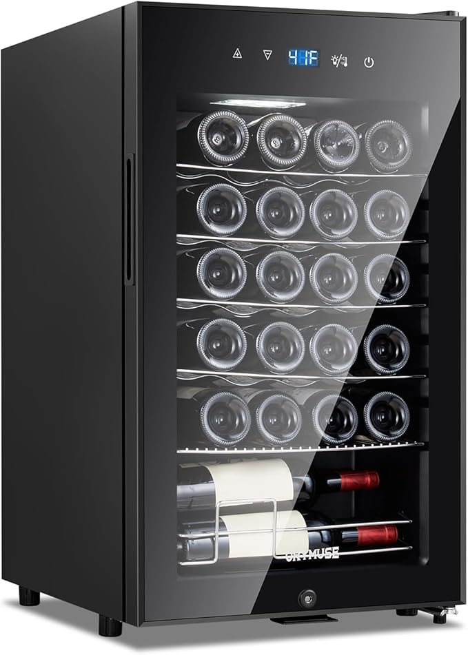 ORYMUSE 24 Bottle Wine Cooler, Freestanding Compressor Wine Fridge with Lock, Slim & Narrow Wine Refrigerator (16.9” W), 41°F–64°F Digital Temperature Control for Red, White & Champagne – Black