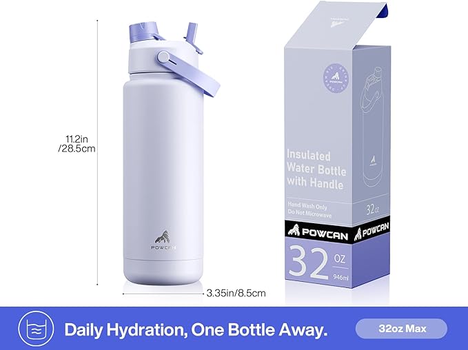 POWCAN 32 oz Insulated Water Bottle with 2-in-1 Straw and Spout Lid, Keep Cold 24H, Leak-Proof, BPA-Free, Double Wall Stainless Steel Water Bottle for Sports, Gym, Travel, and School (Lupine)