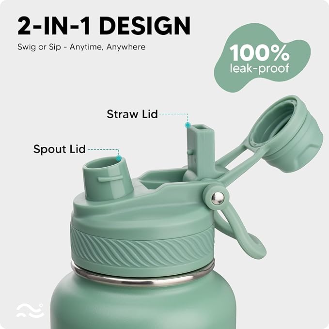 Swigina [2-IN-1 LID] Insulated Water Bottle with Silicone Boot (36hrs Cold/18hrs Hot) - DIY Stickers, Leakproof, BPA Free, 32 oz