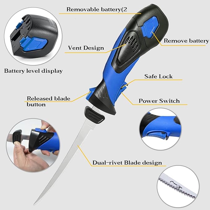Cordless Electric Fillet Knife - 5 Ti-Nitride Coated Non-Stick Blades, Ergonomic Non-Slip Grip Handle & Cooling Vent Stylish with Carry Bag,Perfect Electric Knife for Cutting Board Effortless Fishing (Blue)