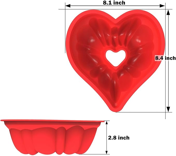SILIVO Heart Shaped Bundt Cake Pans(2 Pack) - 8 inch Nonstick Silicone Heart Shaped Fluted Cake Pan for Buntz Cakes,Fluted Cakes and Brownies