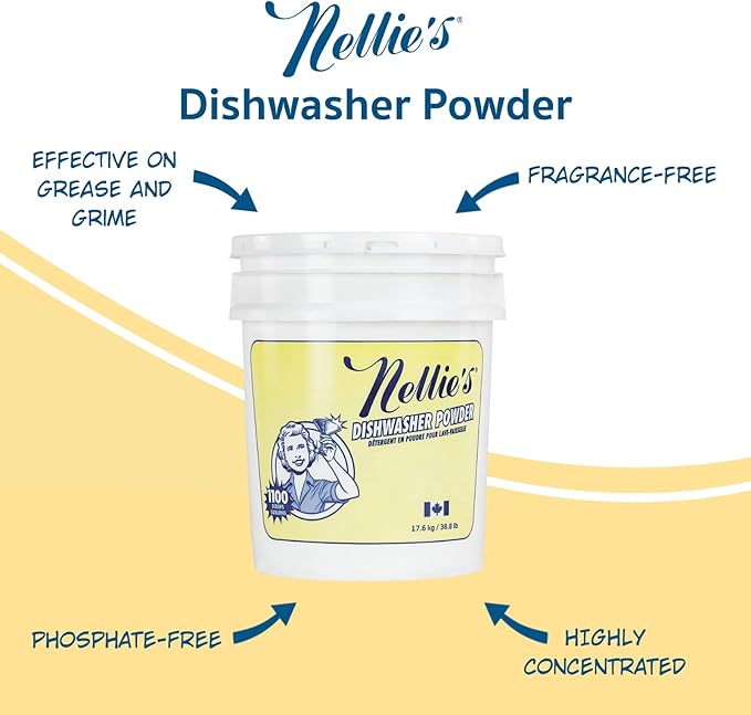 Nellie's Dishwasher Powder - Superior Grease Penetration, Powerful Plant-Based Formula, Safe for Septic Systems, Advanced Food Particle Dislodging, Eco-Conscious Cleaning - 1,100 Scoop Bulk Bucket