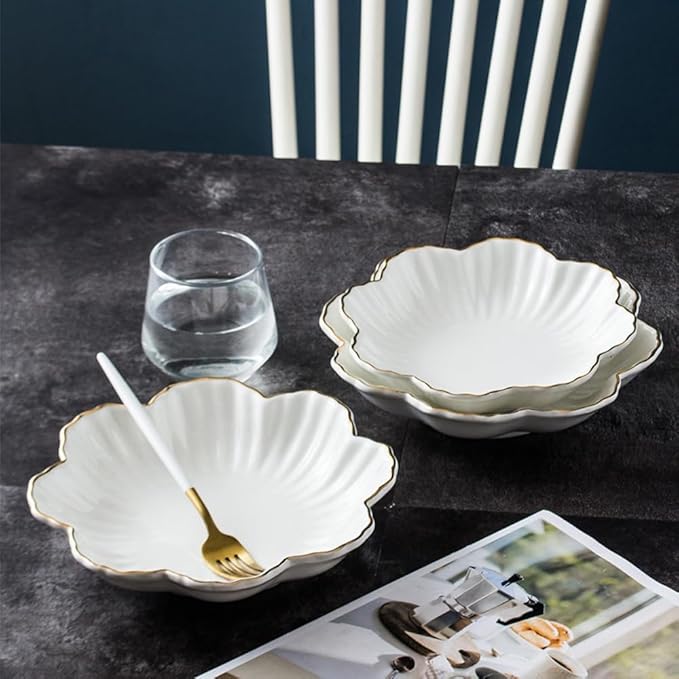 Porcelain Serving Dish,Ceramics Flower Relish Tray with Metallic Rim,Serving Bowls for Wedding,Party Perfect for Small Cereal, Pasta, Salad, Candy and Snacks White 8 inch (8 inch)