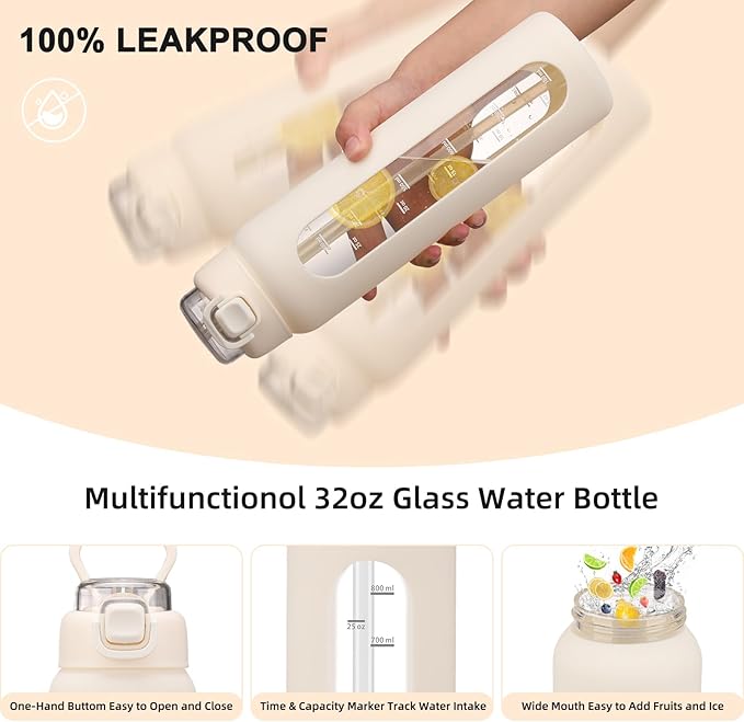 chunmo 32 oz Glass Water Bottles with 2 Lids-Handle Spout Lid & Straw Lid, 1 Liter Motivational Borosilicate Water Bottle with Time Marker and Silicone Sleeve,Leakproof-White-1 Pack