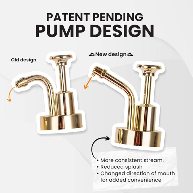 Molimoli Coffee Syrup Dispenser for Coffee Bar, Coffee Pump Dispenser, Glass Syrup Bottle w. Pump, 11.8 oz 350 ml, Set of 2, Gold Upgraded Pump