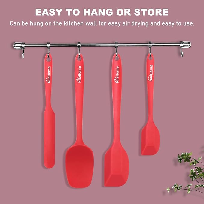 NileHome Silicone Spatula Set, Rubber Spatula High Heat-Resistant Premium BPA-Free One Piece Seamless Design Cooking Spatulas Utensils Set for Kitchen 4Pack(Red)