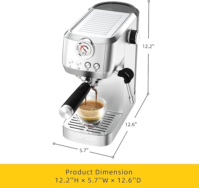 MAttinata CM1663 Espresso Machine, 20 Bar Compact Coffee Maker with Milk Frother Steam Wand for Cappuccino, Latte, Professional Pressure Gauge & 49oz Removable Water Tank for Home，Stainless Steel