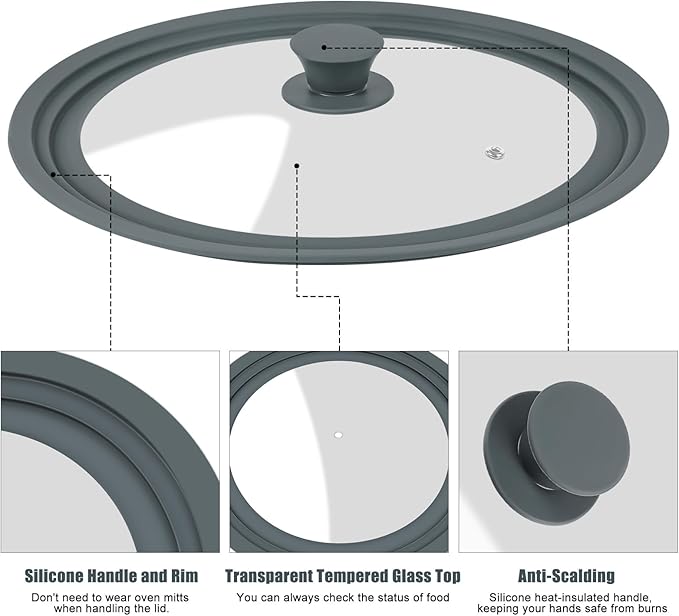 Universal Lid for Pots, Pans, and Skillets - Silicone Replacement Pan Lid Fits 11", 12", 12.5" Cookware - Tempered Glass Pot Lid Cover for Frying Pans, Cast Iron, CrockPot