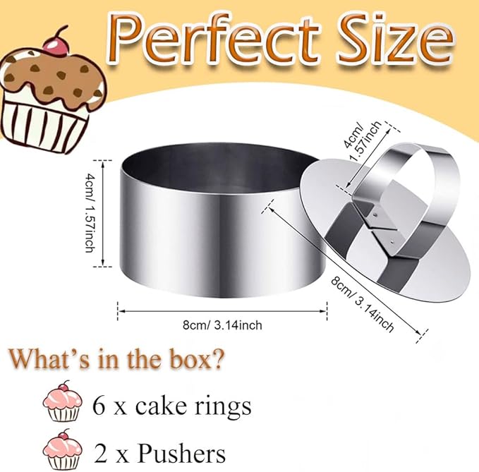 DATANYA Round Cake Ring Molds, 3 Inch Stainless Steel Food Rings Mold with Pushers 3 ‘’ Crumpet Tart Rings for Tuna Tartare, Dessert Cooking (6 Rings & 2 Pushers)