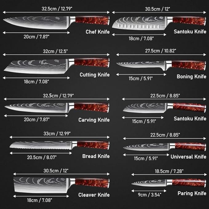 8-Piece Premium Japanese Kitchen Knife Set - Imperial Collection, Laser Damascus Pattern, 440A Stainless Steel Ultra Sharp for Fast Cutting (Red 8J)