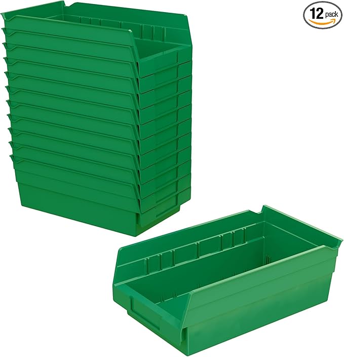Akro-Mils 30130 Plastic Shelf Bins, Heavy Duty Storage Bins for Garage, Closet, and Drawer Organization, 12" x 6-1/2" x 4", Green, 12-Pack