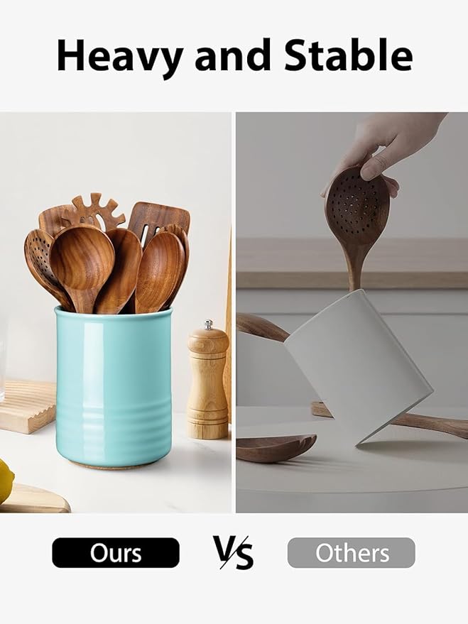 Utensil Holder, 6.7" Ceramic Kitchen Utensil Crock for Countertop Cooking, Modern Utensil Caddy Jar Organizer for Farmhouse Kitchen Counter Décor, Turquoise