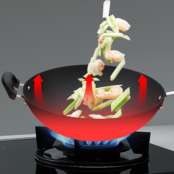 Wok Pan with Lid Nonstick Wok 34cm, Carbon Steel Woks Stir-Fry Pans, No Chemical Coated Flat Bottom Chinese Wok, for Electric, Induction and Gas Stoves