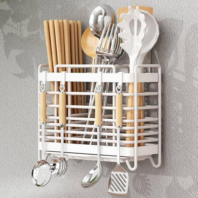Utensil Holder Metal Hollow Out Kitchen Utensil Holder with 3 Compartments, Wall Mount/Countertop Utensil Drying Racks, White Utensil Caddy with Drain Tray and Hooks Cutlery Holder