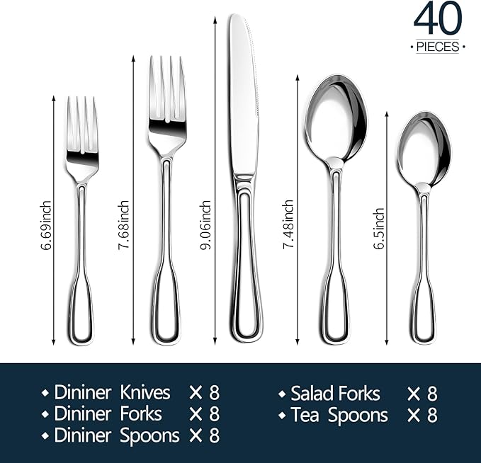 Silverware Set for 8, Stainless Steel Cutlery Set with Wide Handles, Mirror Polished Utensils Heavy Duty Spoons and Forks Set, Dishwasher Safe (Silver, 40 Pieces for 8)