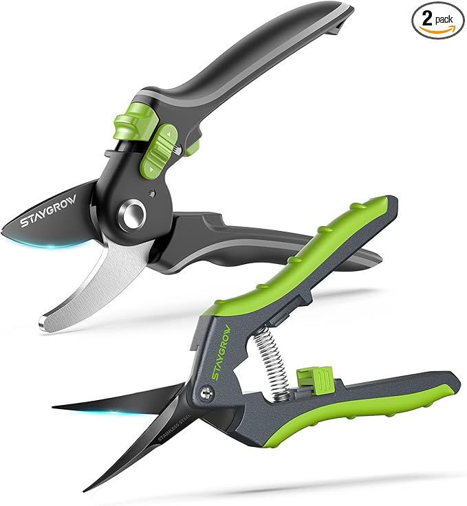 Pruning Shears for Gardening 2 Pack, 8.5" Bypass Garden Clippers and 6.5" Curved Garden Shears, Pruners with Super Sharp Stainless Steel Blades, Safety Lock, Gardening Gifts for Men Women