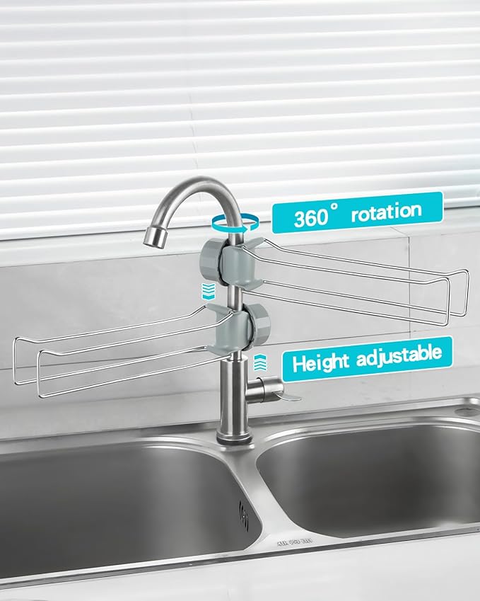 Kitchen Sink Towel Holder, Stainless Steel Dish Cloth Rack, Adjustable Faucet Mount Drying Hanger for Dishrag, Gloves, Gray