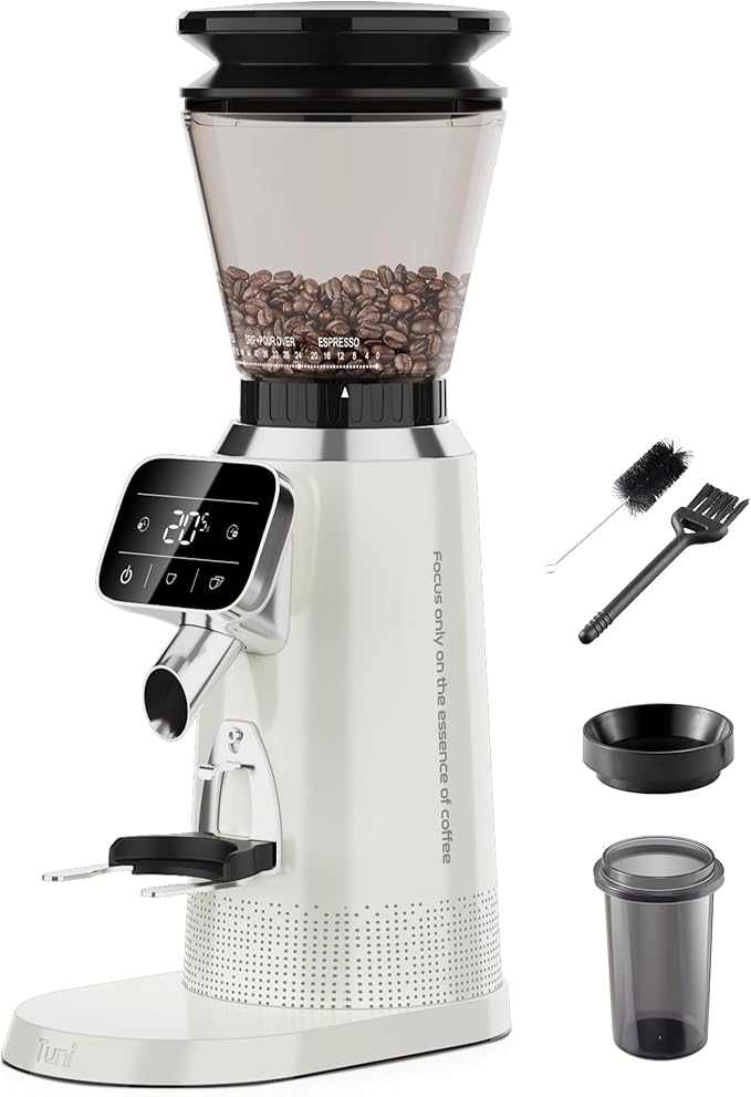 Tuni G2 Conical Burr Coffee Grinder, 70 Grind Settings Anti-static Burr Mill, Precision Electronic Timer and LED Touchscreen for Espresso/Drip/Cold Brew/French Press, Stainless Steel, Ivory