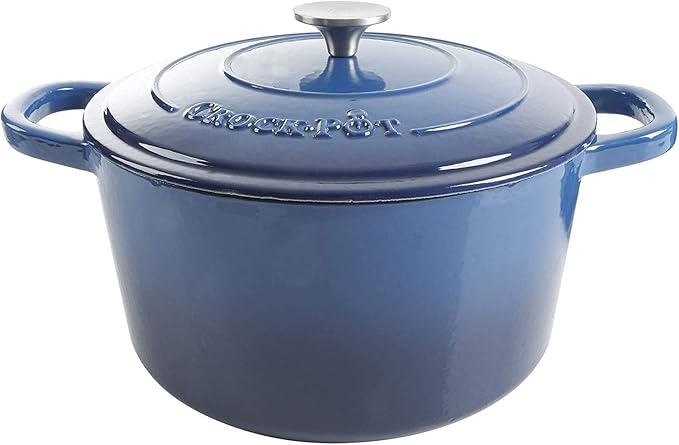 Crock-Pot Artisan 7-Quart Round Enameled Cast Iron Dutch Oven – Sapphire Blue, Durable Heavy-Duty Cookware for Slow Cooking, Baking, Roasting with Lid